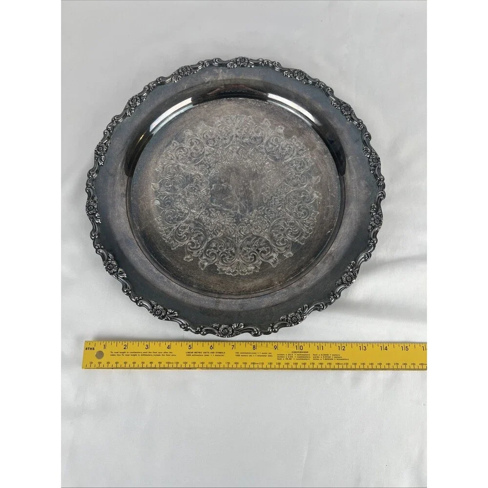 Vintage Silver-Plated Serving Tray Round Ornate Rim Engraved April 1976